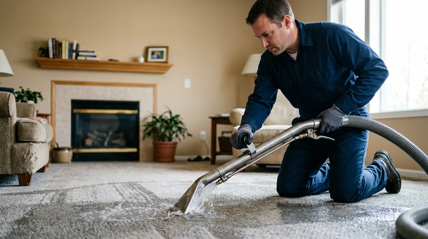 Water damage restoration technician working near Le Roy, IL